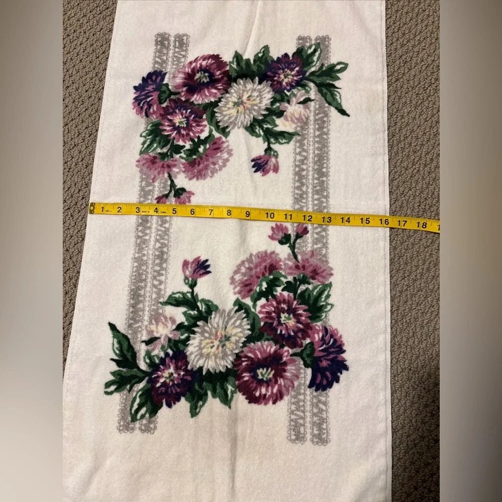 Set Of Two Vintage Spring Maid Floral Hand Towels White Purple Green Gray Cotton